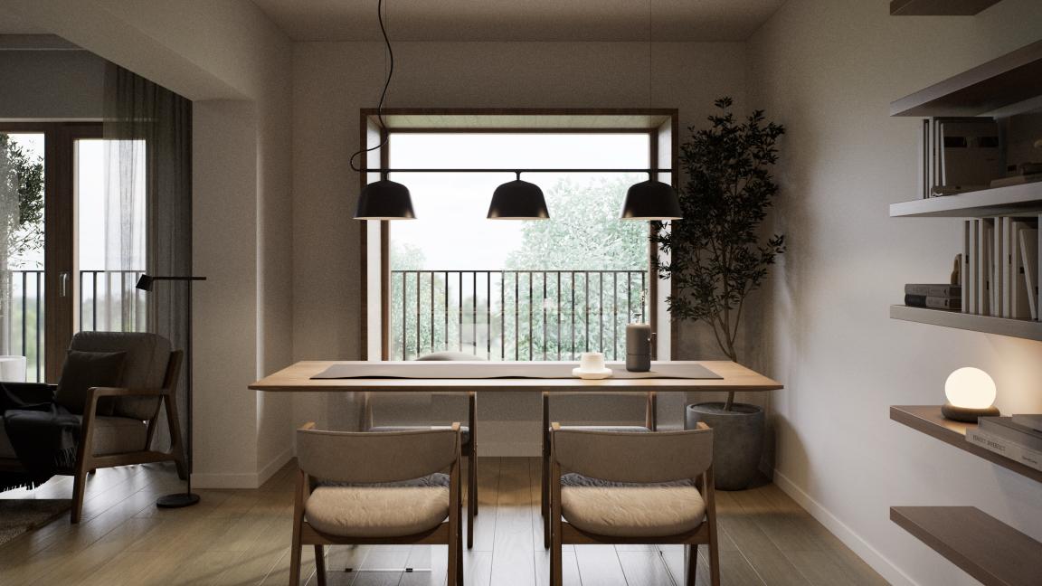 Wohn- und Esszimmer mit Holzelementen